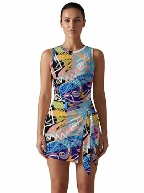 Multi‑Color Graphic Tie‑Waist Mini Dress